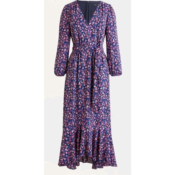 J Crew Dot Floral Midi Dress Ruffled Hem V-Neck Long Sleeve Women's Size 6 - Picture 1 of 14